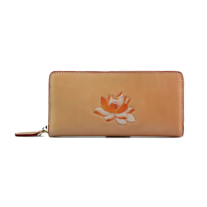 

Cow Leather Women Long Zipper Flower Engraved Purse Solid Wallet