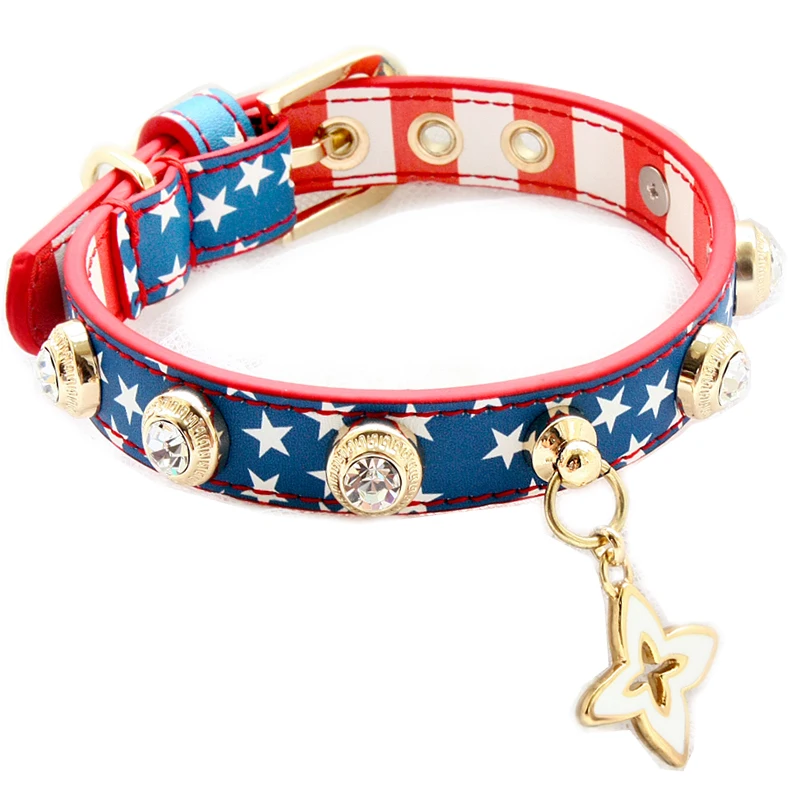 

Dog Collar Leash Pet Supplies Accessories America The Star-Spangled Banner Handmade Cowhide Real Calfskin Leather Cow Terrier