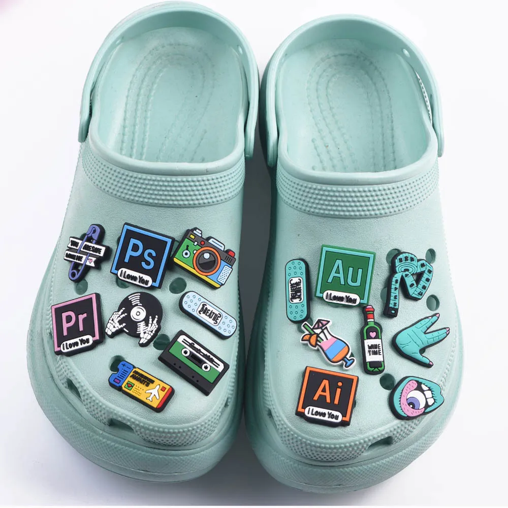 1 Pcs Music Shoes Charms Camera Ticket Coffee Shoe Charm Accessories Cartoon Clog Shoes Musical Record Decoration Power Off