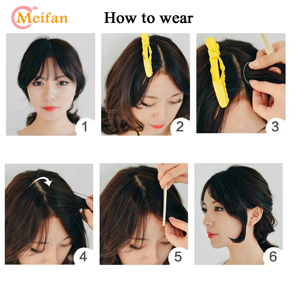 MEIFAN Synthetic Long Natural False Fringe Bangs Clip In on Front Side Fringe Hair Extension Middle Part Fake Fringe for Women