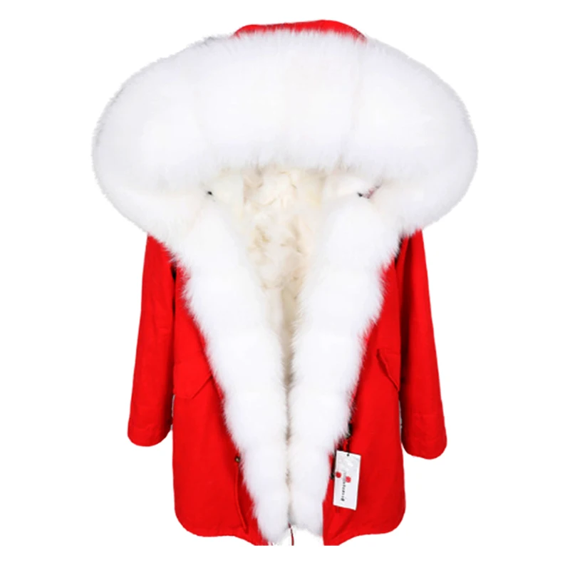 

New Winter Women Real Fox Fur Coat Long Jacket Thick Warm Parka Casual Streetwear Outerwear White Red