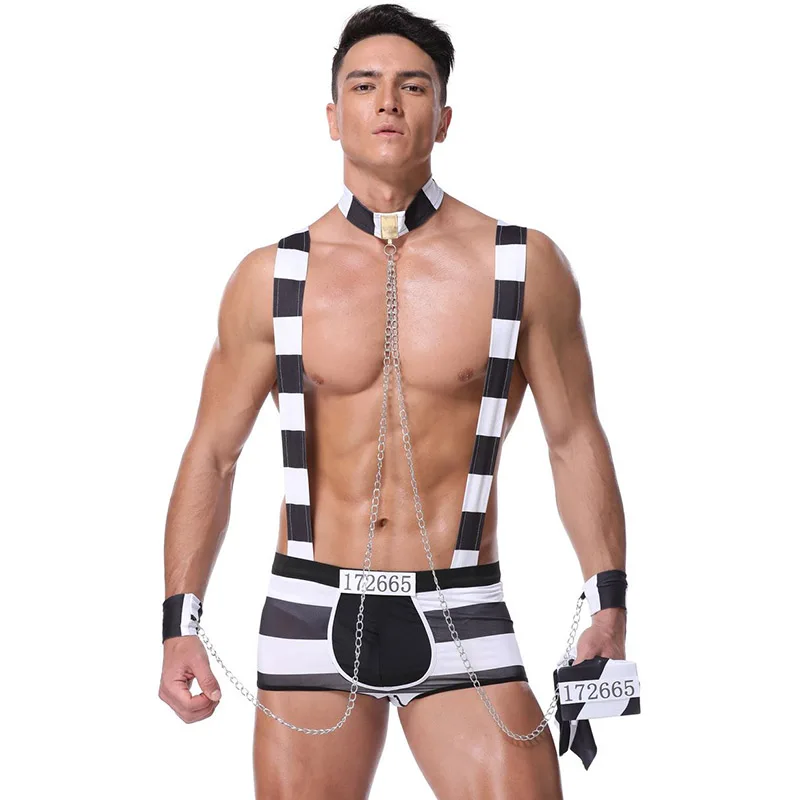 Corzzet Preto/Branco Sexy Traje Prisioneiro Trajes De Halloween Para Homens Adulto Roupas Cosplay Masculino Carnaval Party Club Mens Unifom