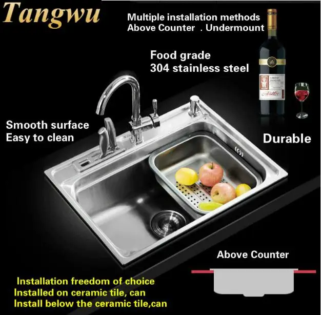 Free shipping Household luxury kitchen single trough sink do the dishes 304 food grade stainless steel vogue hot sell 610x450 MM