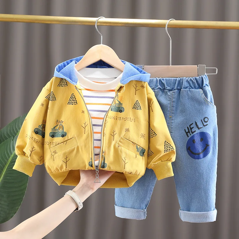 Baby Boys Clothing Sets Autumn Infant Cartoon Hooded Coats Stripe T Shirt Jeans Children Cotton Clothes Outfit Kids Sportswear