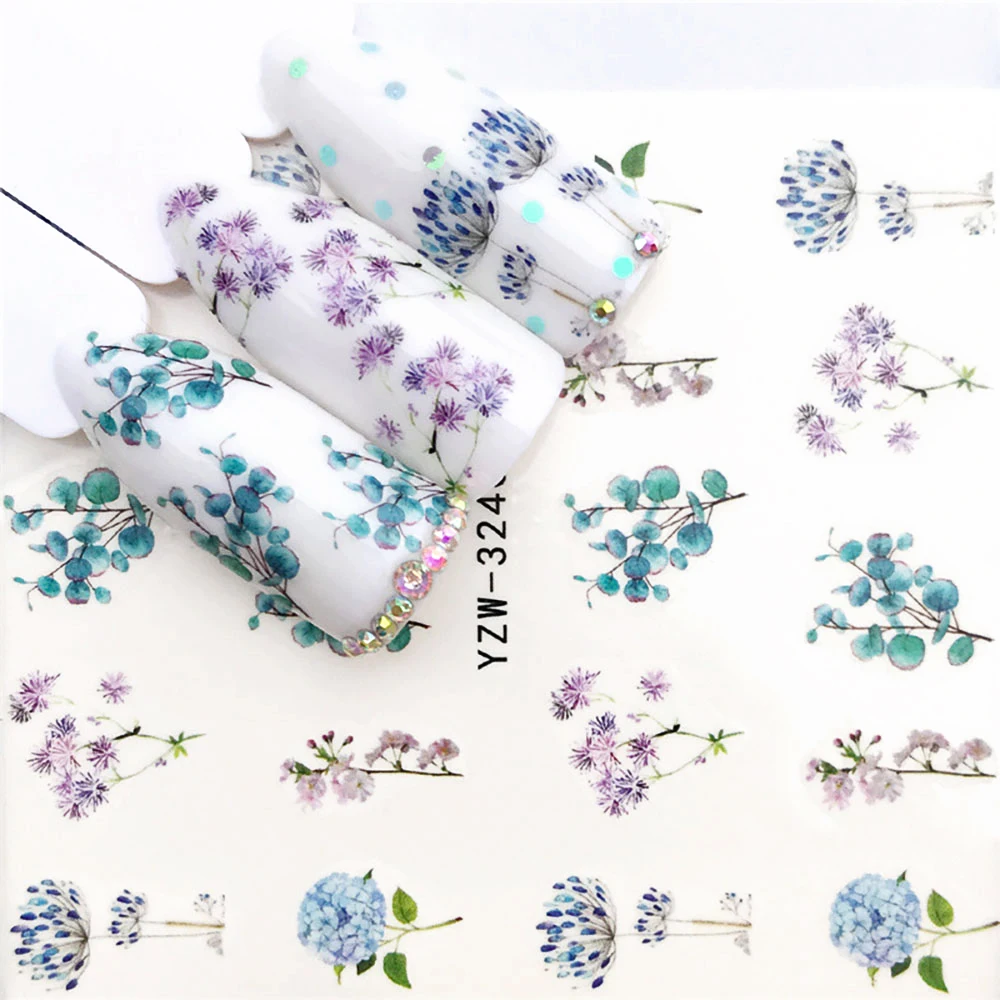 Purple Flowers Nail Stickers Manicure Nail Decal Colorful Plants Water Transfer Watermark Green Leaf Nails Nail Stickers Design