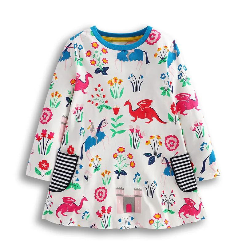 Jumping Meters 3-12T Long Sleeve Autumn Girls Pockets Cotton Clothing Butterflies Print Party Girls Dresses