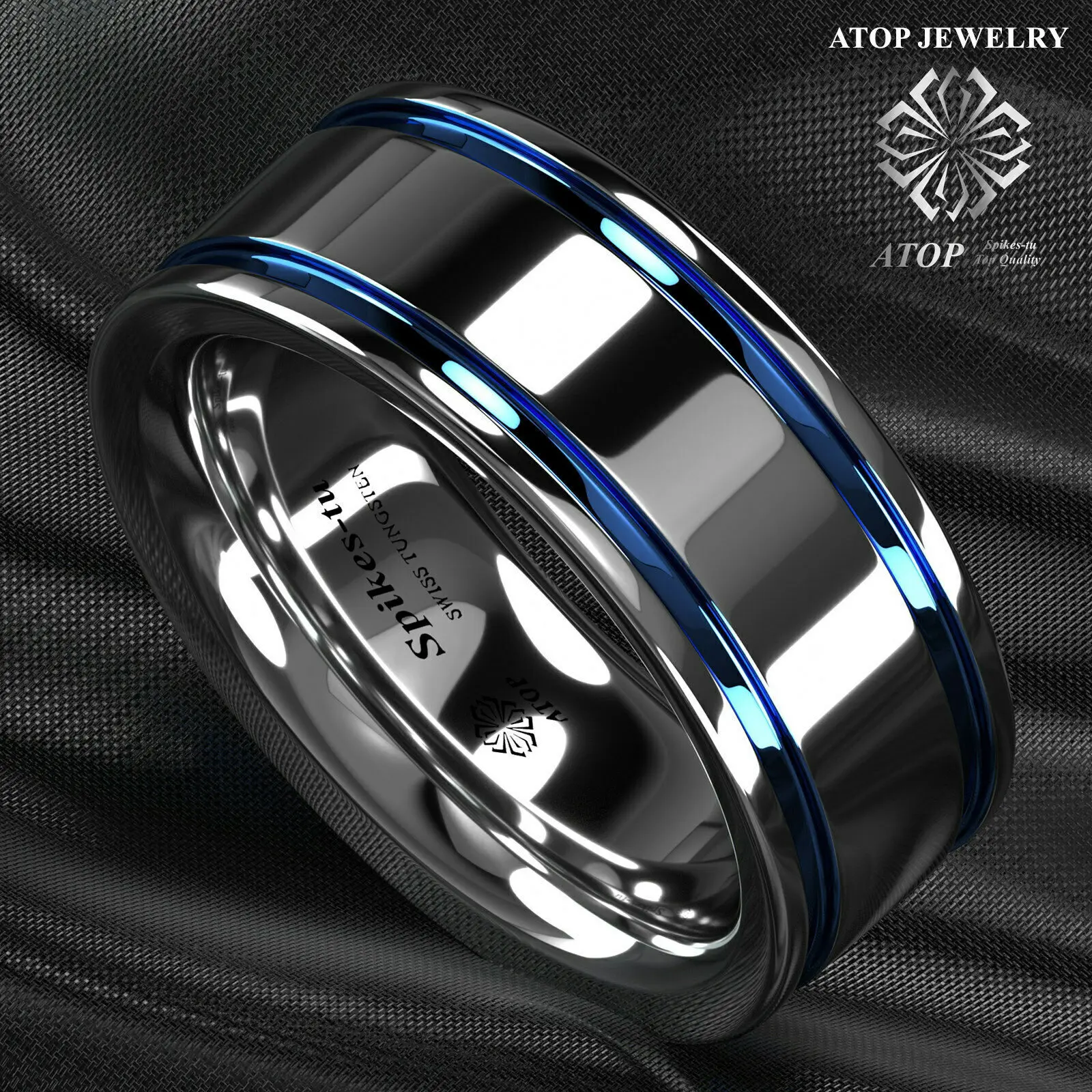 8Mm Men\'s Tungsten Carbide ring Double Blue Stripe Wedding Band Ring Comfort Fit Free Shipping