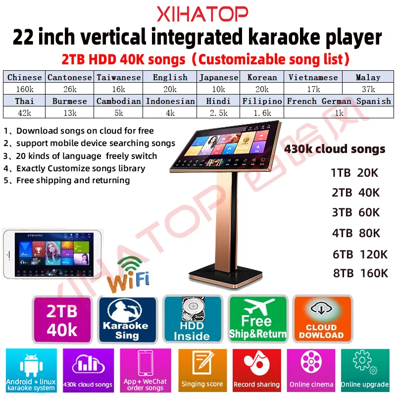 

XIHATOP 22-inch screen multi-language VOD dual system 2TB HDD Chinese and English songs Home KTV HD touch screen karaoke player