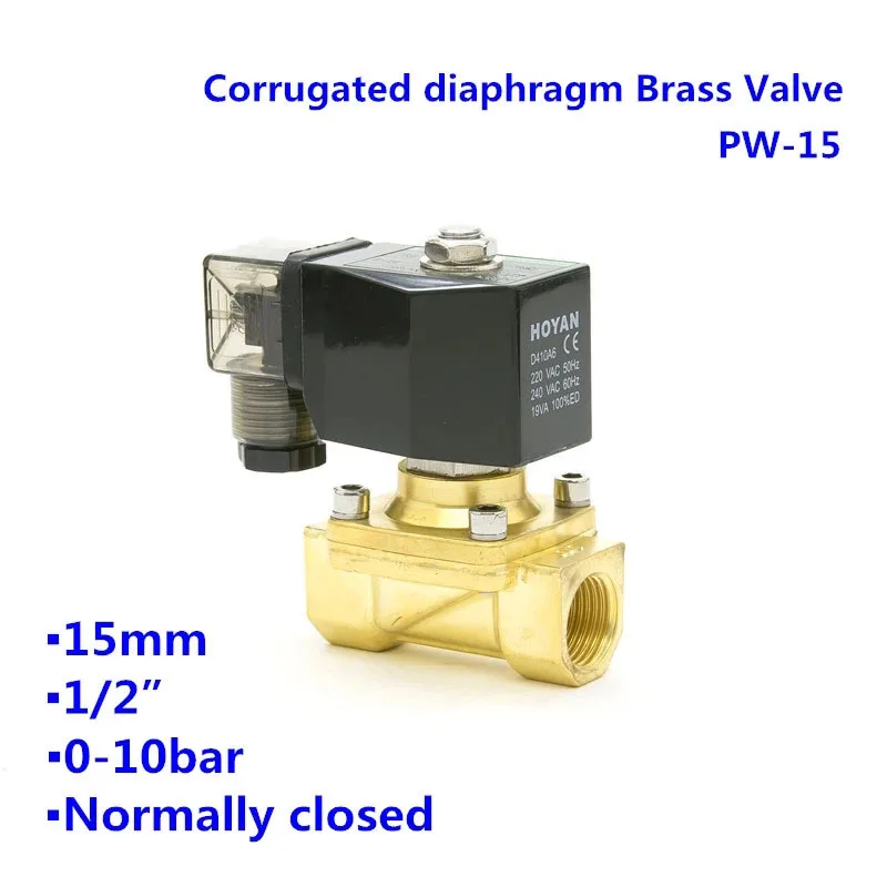 2 Way PW-15 Corrugated Diaphragm Normally Closed Air Oil Water Solenoid Valve Orifice 15mm BSP Port G1/2