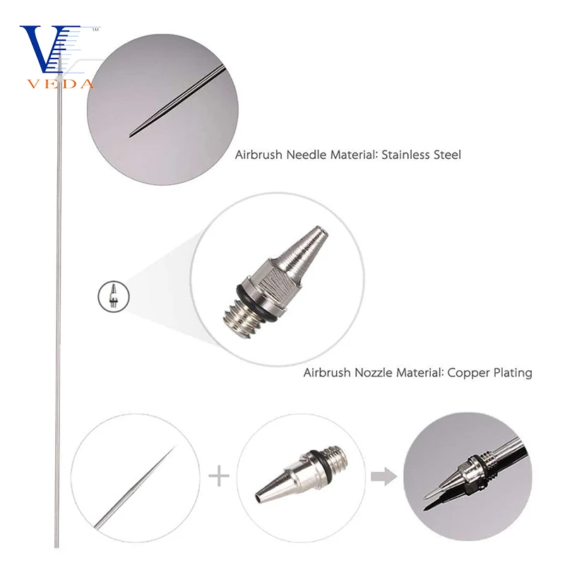 VEDA 0.2mm/0.3mm/0.5mm Airbrush Nozzle Needle&Nozzle Cap &Wrench Replacement Parts for WD-180 Series Airbrush Spray Accessories