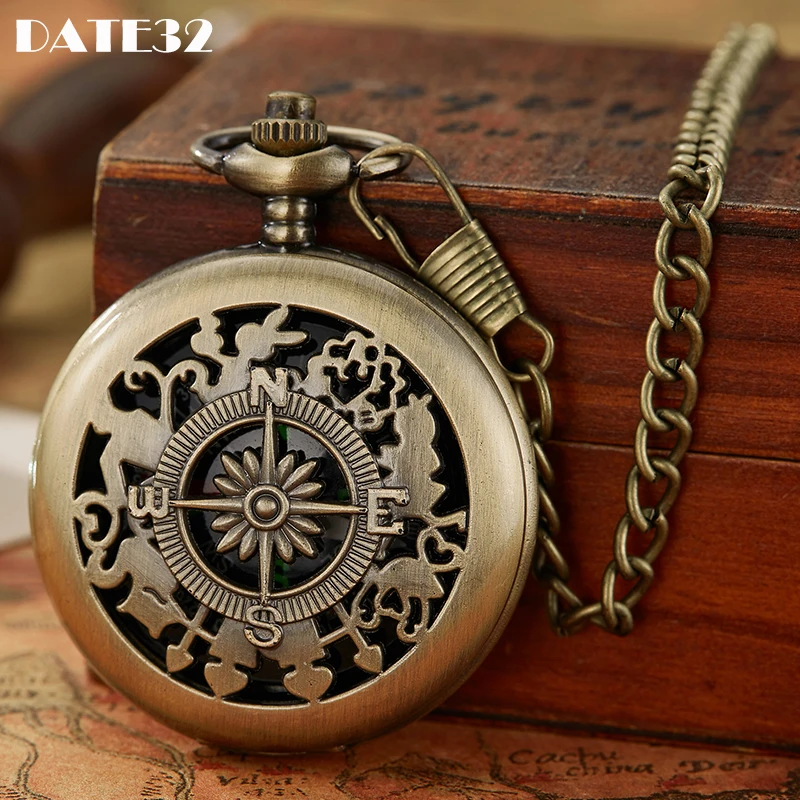 Antique Compass Pendant Quartz Pocket Watch Vintage Bronze Fob Chain Flip Locket for Men Women Birthday Present Collection Gift