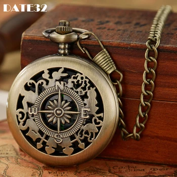 Orologio da tasca al quarzo antico con pendente a bussola orologio da taschino Vintage in bronzo con catena a catena per uomo donna regalo di compleanno collezione regalo