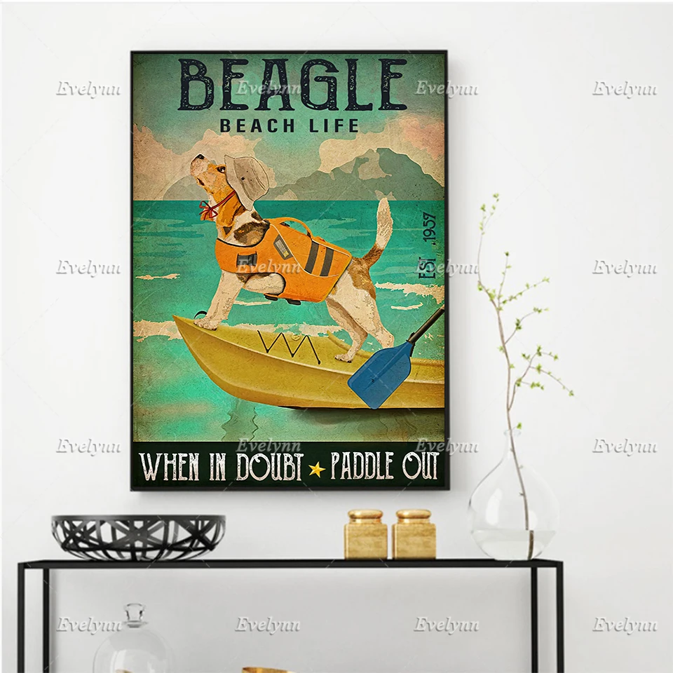 Beagle Dog Beach Life Est1957 When In Doubt Paddle Out,Beagle Dog Dad Poster,Wall Art Prints Home Decor Canvas Floating Frame