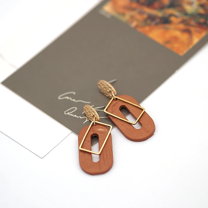 Antique Dark Solid Colors Brass Charm Polymer Clay Elegant Unique Oval Ring Dangle Pendant Statement Earrings Women Jewelry Wood