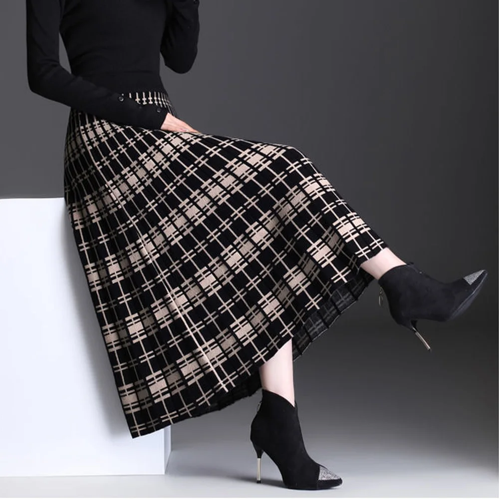 FairyShely Pleated Knitted Skirt For Women 2024 Autumn Winter Warm High Waist Long Skirts Ladies Plus Size Black A-line Skirt