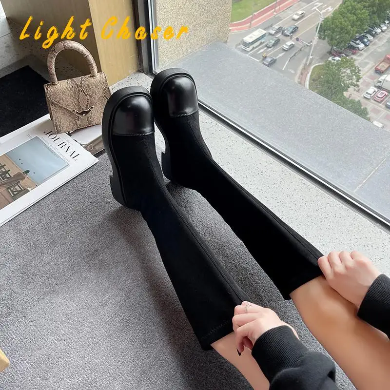New Women Knee High Boots Leather Warm Boots Thick High Heels Motorcycle Boots Punk Shoes Woman High Boots Elastic Stocking Boot