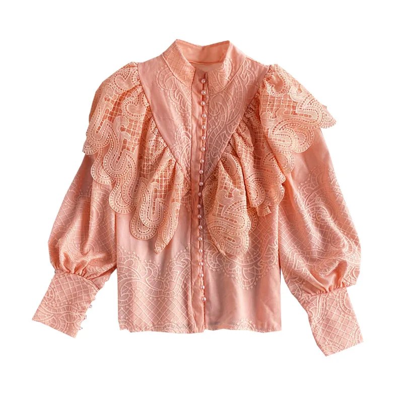 Special Offer Spring Autumn Women Blouse High Quality Vintage Court Style Stand Collar Lantern Sleeve Ruffles Lace Shirt