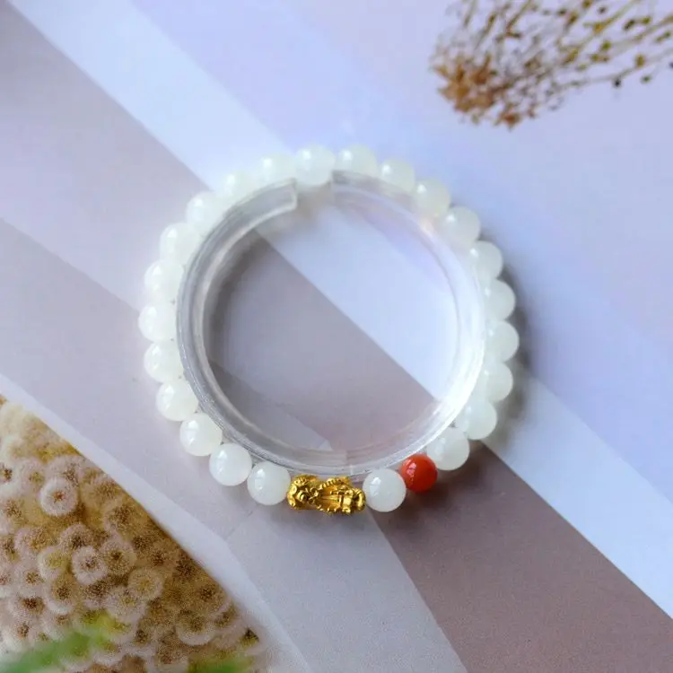 

8mm Beautiful White jade mala bead bracelet bangle Golden Pi Xiu red agate Amulet adornment