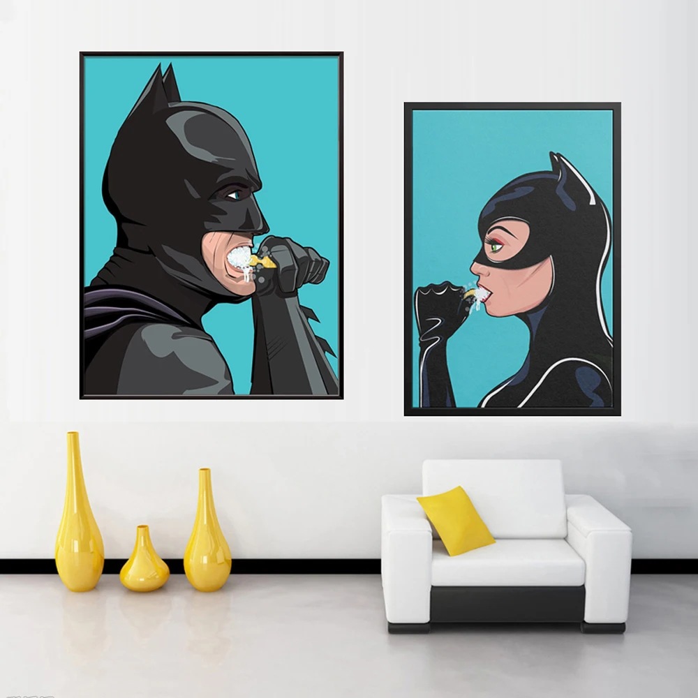 Marvel Superhero Cleaning Teeth Canvas Painting Funny Toilet Humour Spiderman Posters and Prints Wall Pictures for Decoration