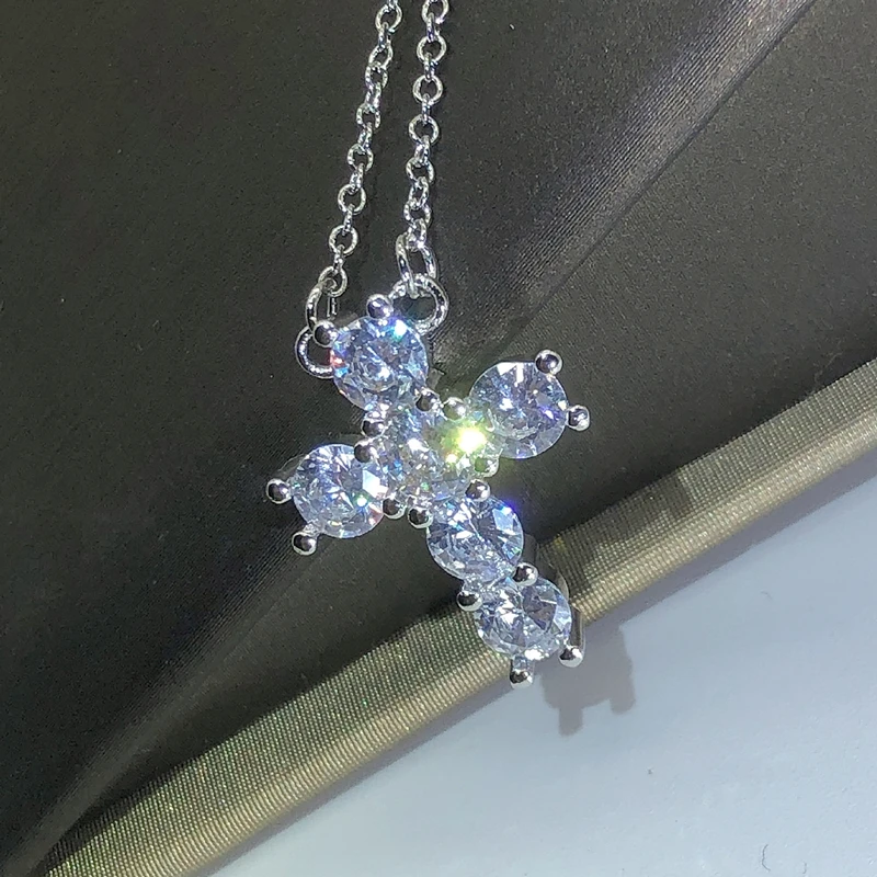 Exquisite 925 Silver Necklace Jewelry Women Wedding Fashion Cross CZ Crystal Zircon Stone Pendant Necklace Christmas Gift