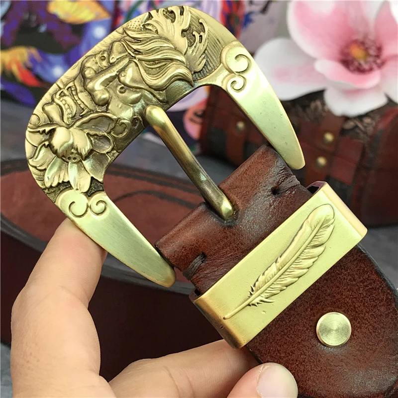 Men Belt Genuine Leather Vintage Brass Skull Belt Buckle Men Leather Belt Ceinture long Waist Belt Cinturon Mujer Riem MBT0114