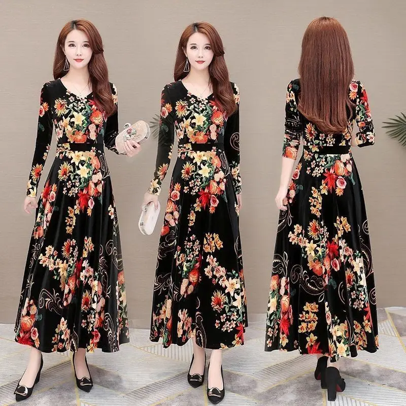 Women's  Pleuche Printed V-neck Long Sleeve Expandable Dress Woman Dress Vestido De Mujer Femme Robe