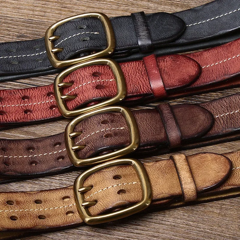 Vintage Men\'s 3.8cm Wide Double Breasted Belt 100% Cowhide Double Prong Buckle Handmade Heavy Duty Belt Fashion Jeans Belt Brown