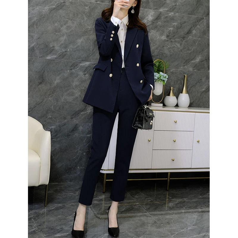 Women\'s Elegant Office Work Wear Pant Suits, OL 2 Piece Sets, Double Breasted Blazer Jacket and Trousers Suit for Women, Fall,