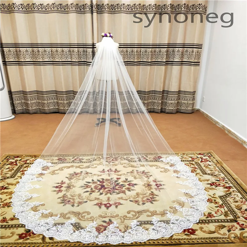 Real Photo Romantic  Wedding Veil Cathedral One Layer Lace Appliqued Long Bridal Veils With Comb Woman Marry Gifts