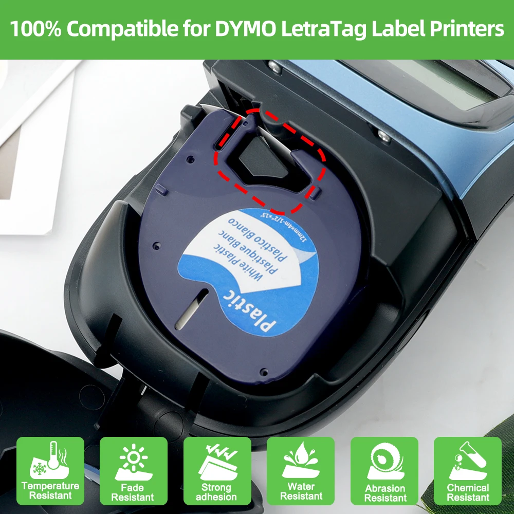 1PC 91201 91200 12mm Black on White Compatible for DYMO Letratag Plastic Tape LT 91331 LT91201 12267 18769 18771 LT-100H LT-100T