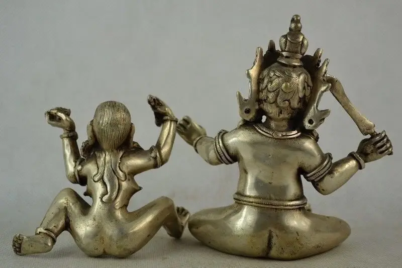 Old China Tibetan Buddhism Silver Vajra Mandkesvara Yab-Yum Buddha Statue