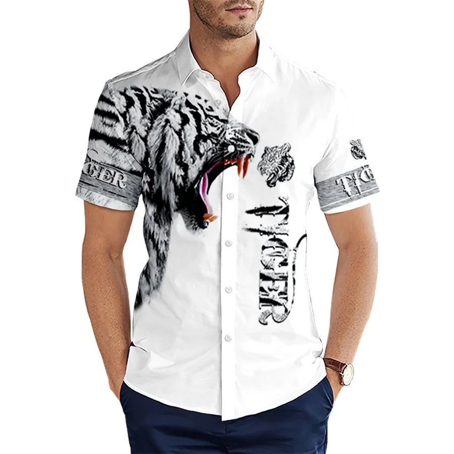 2024 Summer Short sleeve Shirts Animal Premium Tiger Skin Pattern 3D All Over Printed Hawaiian Shirt Mens Casual Beach Shirt