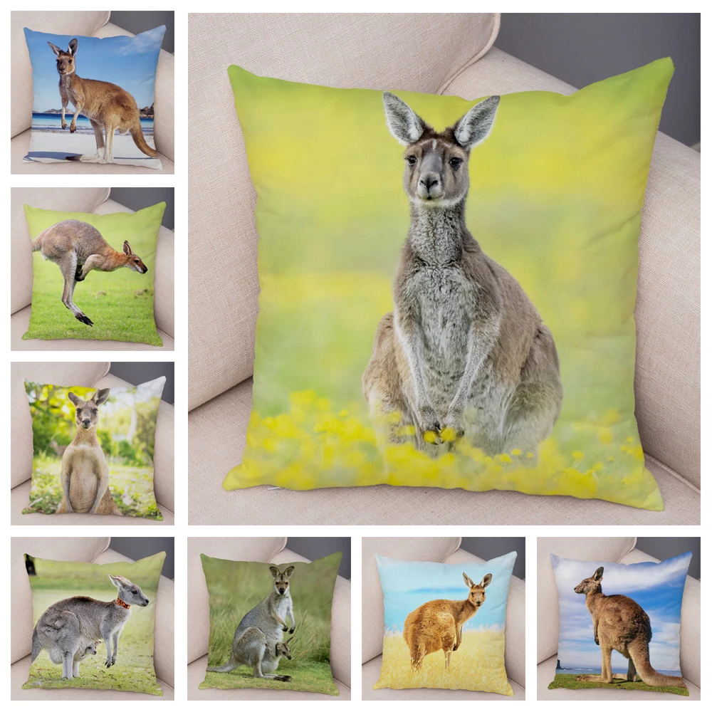 Wild Animal Pillow Case Decor Australian Kangaroo Pattern Print Pillowcase Soft Plush Cushion Cover for Car Sofa Home 45x45cm