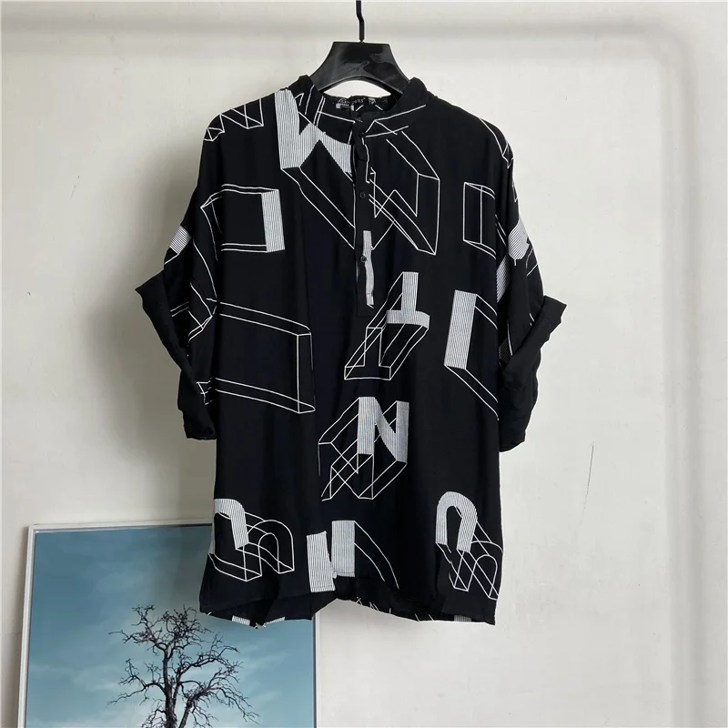 

Stand Men Collar Half Sleeve Shirts Loose Letter Print Thin Shirt Summer New High Street Hip Hop Style Casual Tops Male M-XL