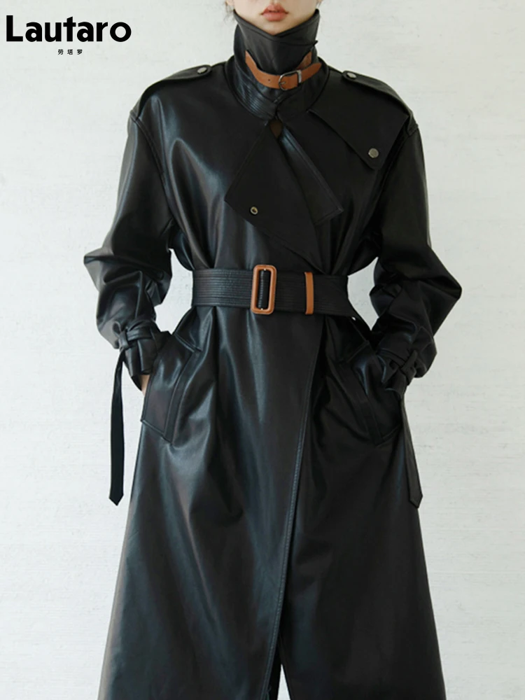 Lautaro primavera autunno oversize Cool nero lungo Trench in pelle per le donne cintura manica lunga sciolto moda europea 2021 2022