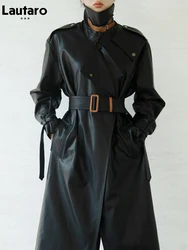 Lautaro Spring Autumn Oversized Cool Black Long Leather Trench Coat for Women Belt Long Sleeve Loose European Fashion 2021 2022