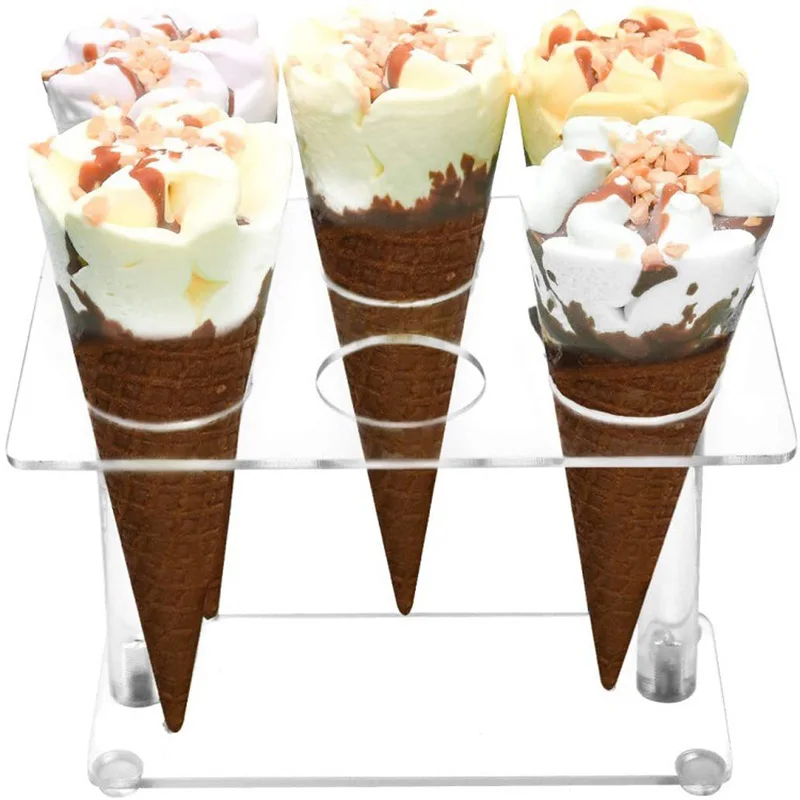 6 Holes Ice Cream Cone Holder Clear Acrylic Waffle Cone Display Stand Roll Sushi Popcorn Rack For Party Wedding Kids Birthday