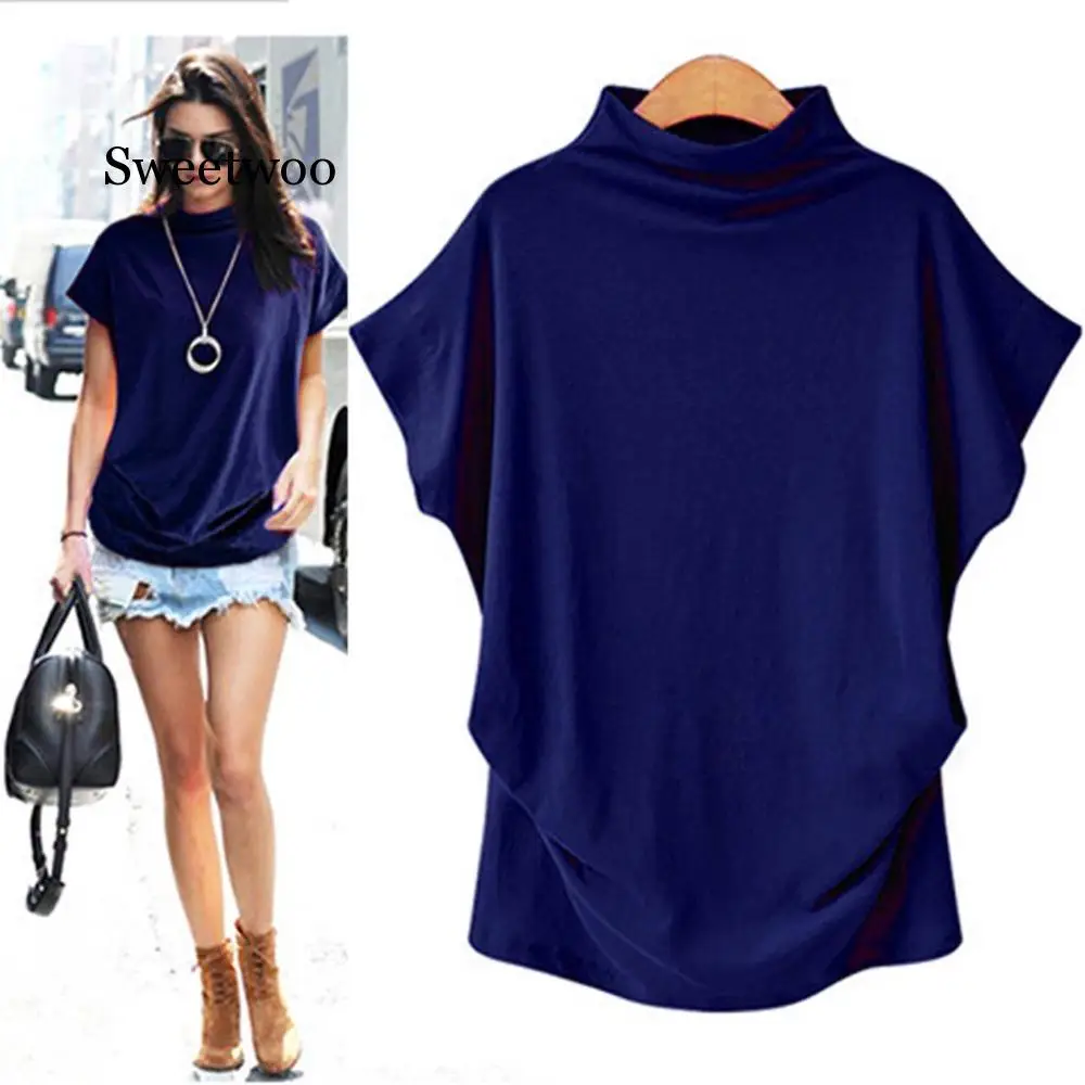 Frauen Casual Rollkragen Kurzarm Baumwolle mädchen Feste Beiläufige Bluse Top Shirt weibliche Plus Größe Solide kleidung mode