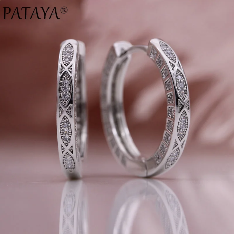 PATAYA New White Natural Zircon Dangle Earrings 585 Rose Gold Color Round Earrings Luxury Retro Wedding Women Fashion Jewelry