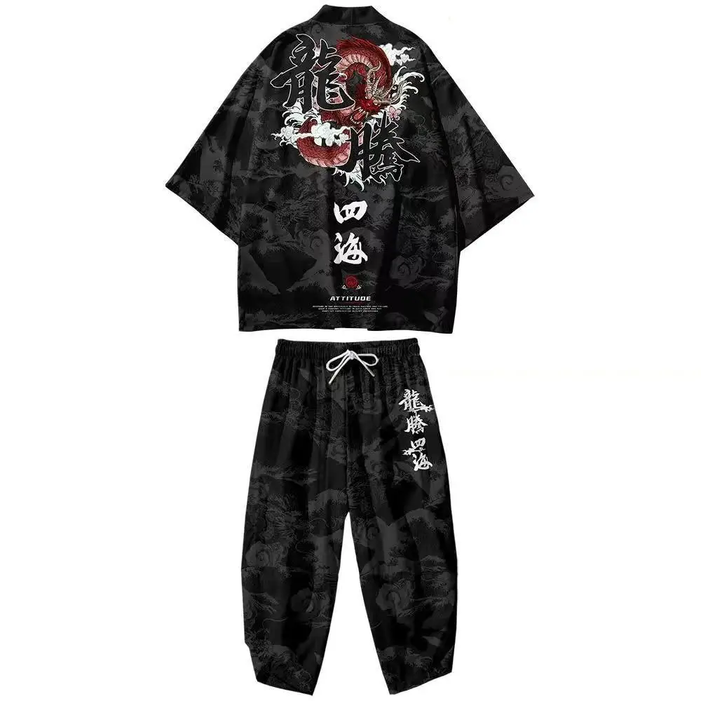 Big Size 5XL 6XL Kimono Cardigan Trousers Suit Men Novelty Print Japanese Samurai Clothing Loose Yukata Chinese Style Streetwear - Image 4