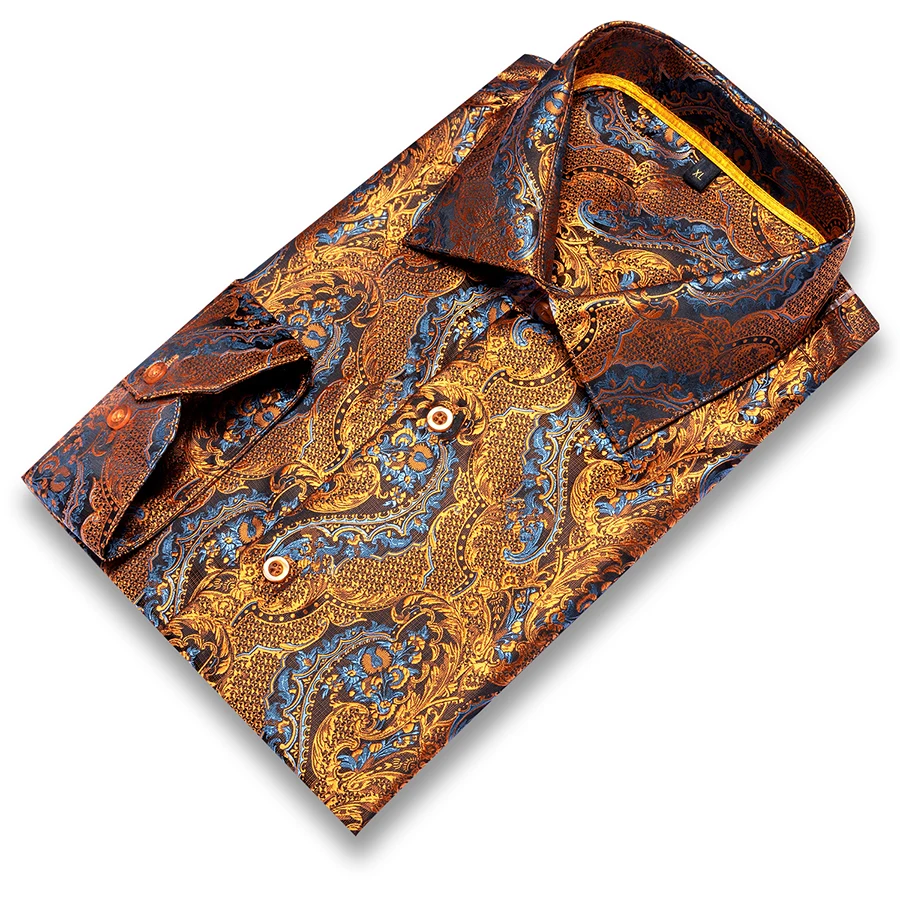 Hi-Tie 100% seta lusso nero oro ricamo camicia elegante Paisley uomo manica lunga uomo Casual camicie abbottonate regalo Outwear