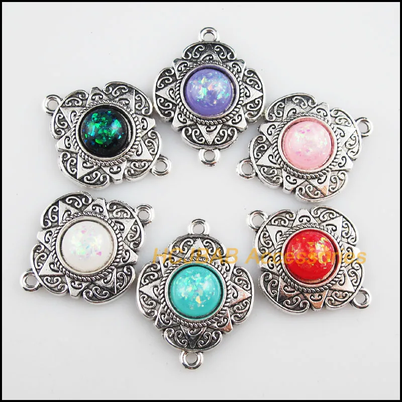 6 AB Shivering Resin Connectors Flower Mixed Charms Tibetan Silver 23.5x30mm