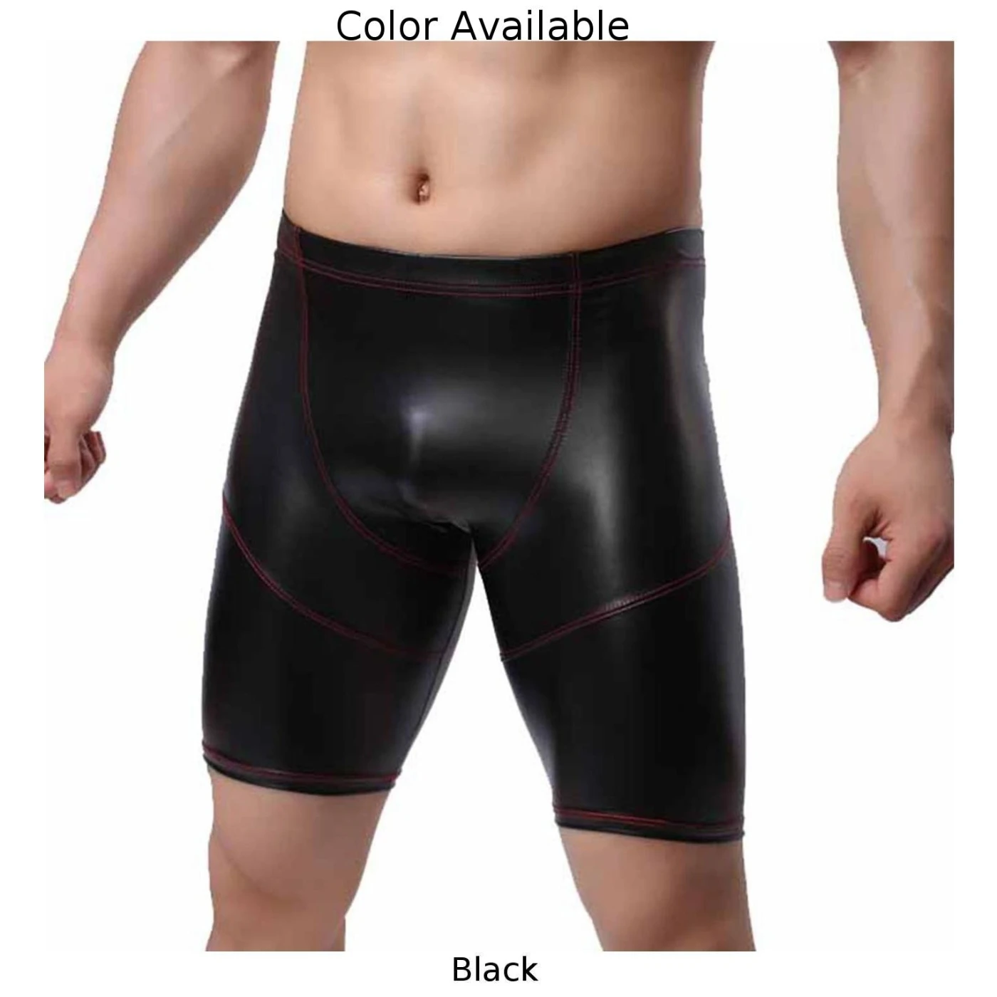 Mens Sexy Long Leg Boxers PU Leather Solid Underwear Elastic Panties Mid-Waist Black Pants Male Breathable Leather Trunks