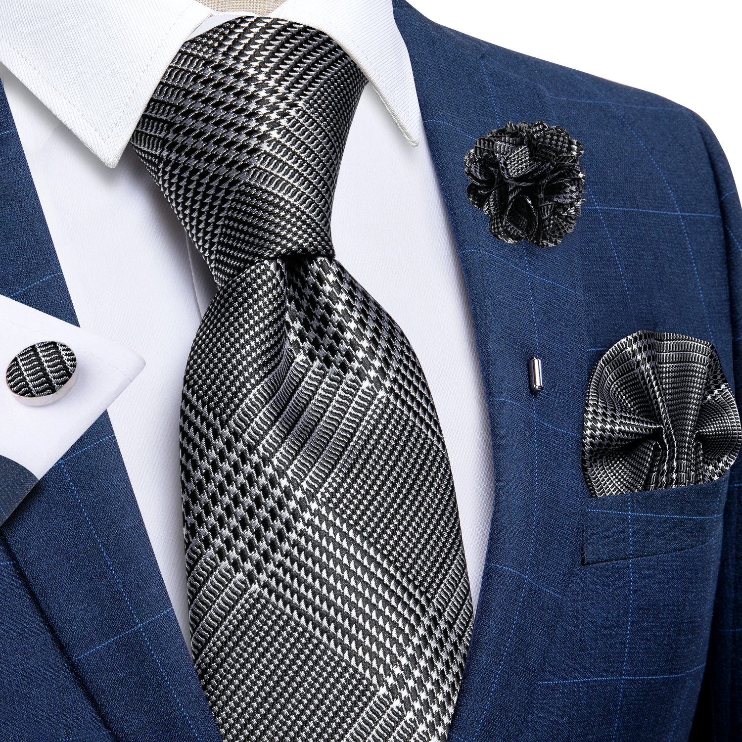 Luxury Black Silver Houndstooth 8Cm Ties สำหรับผู้ชายงานแต่งงาน Tie ผ้าเช็ดหน้า Cufflinks เข็มกลัดบุรุษของขวัญ