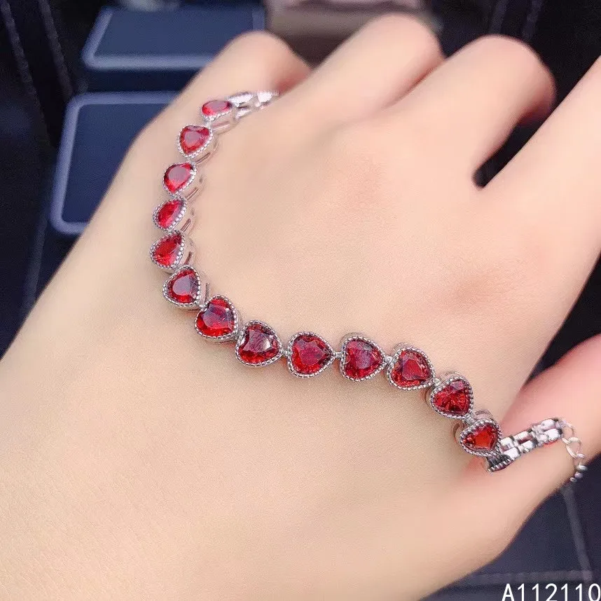 

Fine Jewelry 925 Sterling Silver Inset With Natural Gemstone Women's Luxury Noble Heart Garnet Hand Bracelet Support Detection