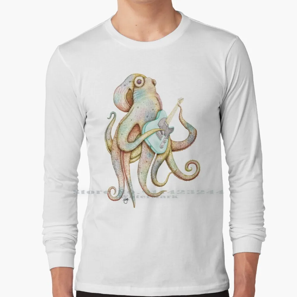 Polah-The Axe Wielding Octopus ( On Black ) 100% Cotton Long Sleeve T Shirt Octopus Telecaster Electric Guitar Tee Short Sleeve