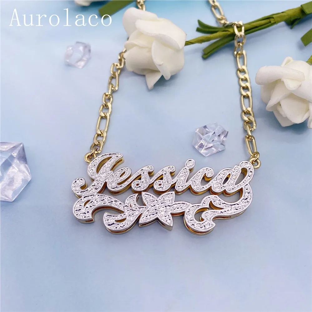 

AurolaCo Custom Name Necklace With Stars 3D Double Nameplate Custom Two Color Stainless Steel Necklace for Women Jewelry Gift