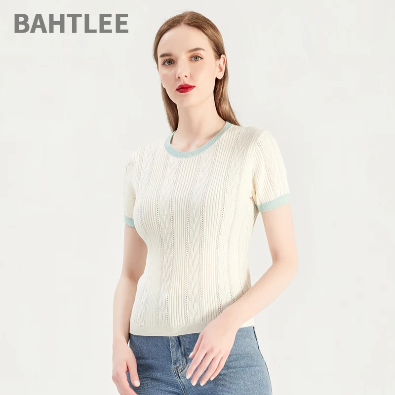 BAHTLEE-Women's Lace Knitted Pearl Sweaters, Short Sleeves, O-Neck, Merino Wool Pullovers, T-Shirt Jumper, High Elasticity