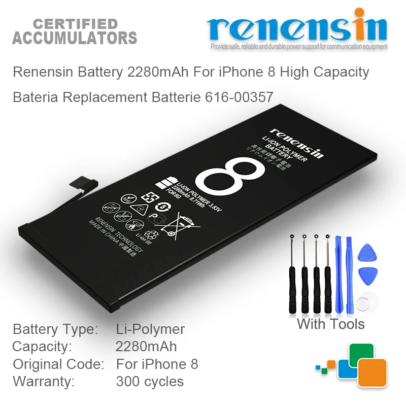 Renensin Battery 2280mAh For iPhone 8 High Capacity  Bateria Replacement Batterie 616-00357