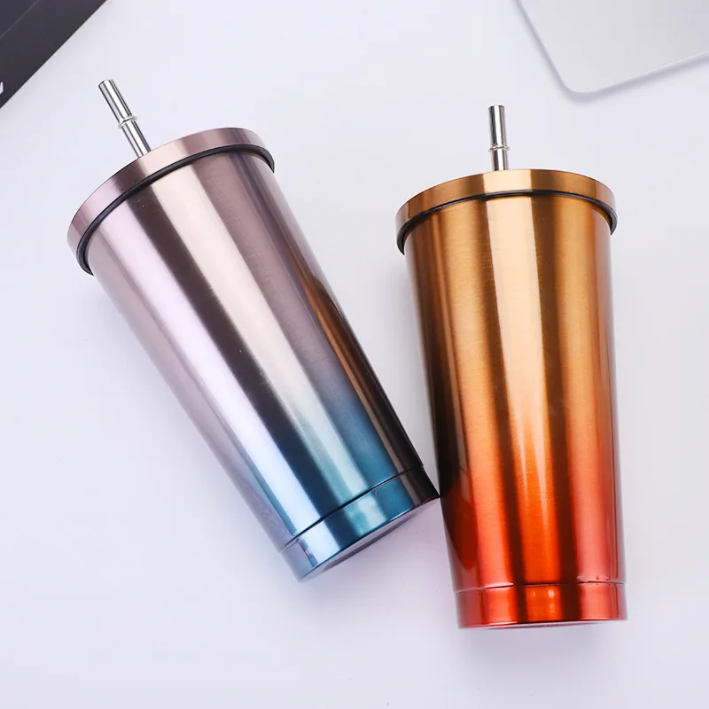 500ml Stainless Steel Mug with Lid Vacuum Double-Layer Tumbler with Straw Insulation Bottle Reusable Coffee Juice Cup Drinkware